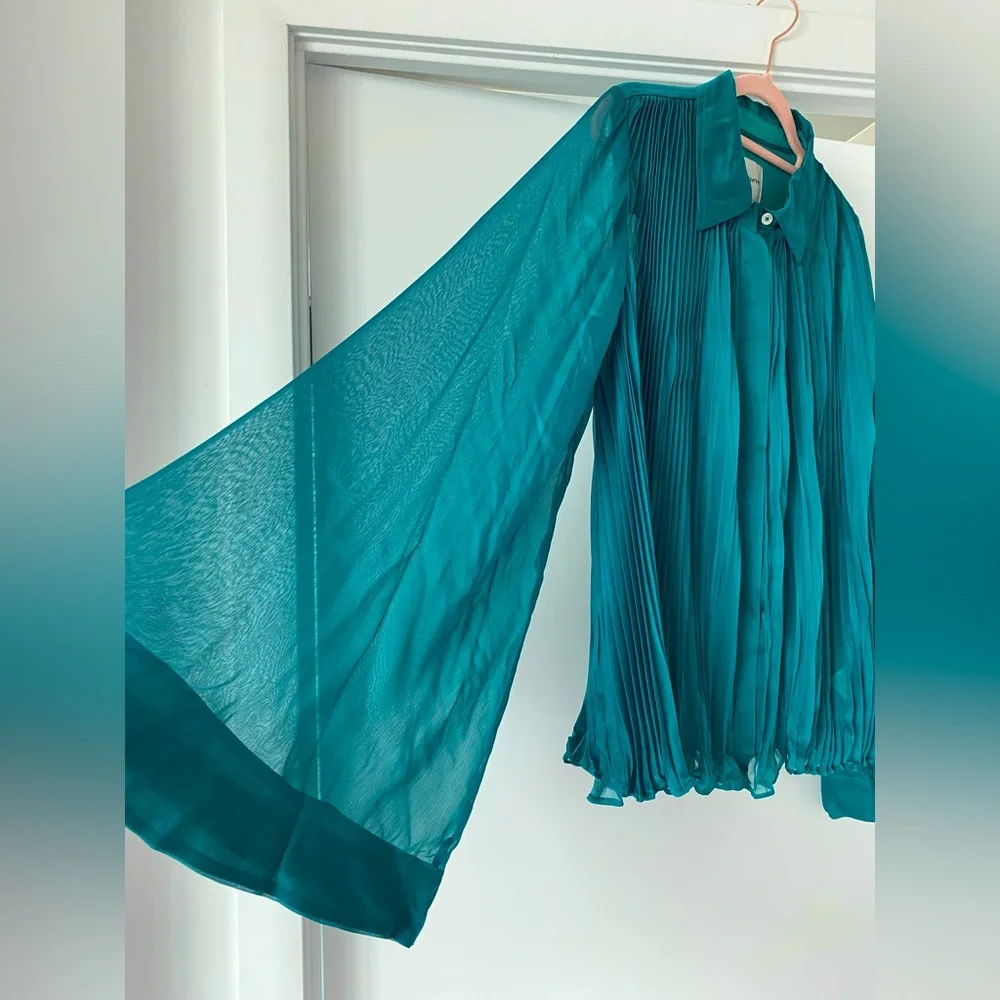 Maeve by Anthropologie l Sheer Pleated Cape Sleeve Blouse in Blue Green - Picture 7 of 12